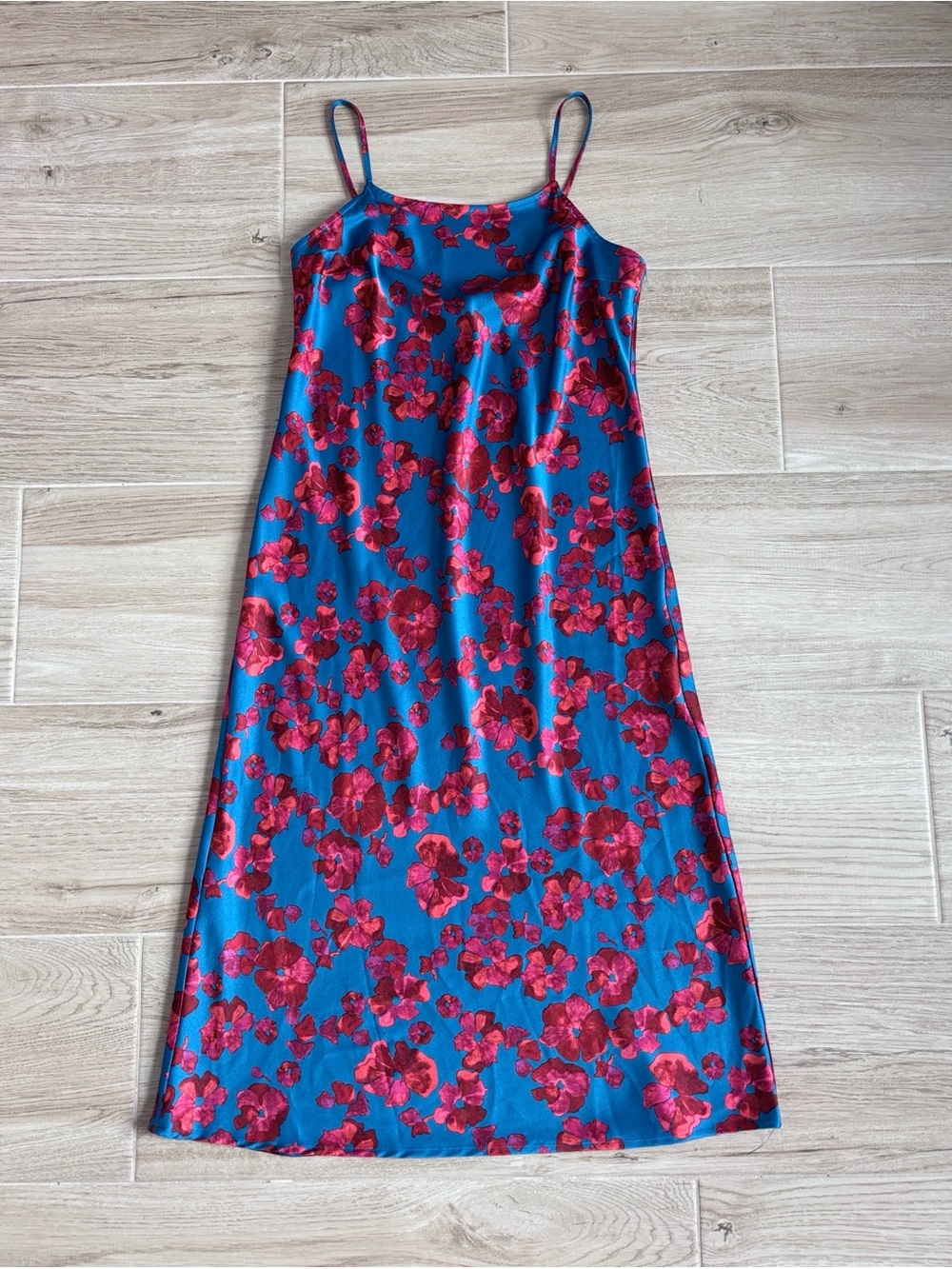 A New Day Floral Satin Slip Midi Dress Blue Pink Women’s Size XS